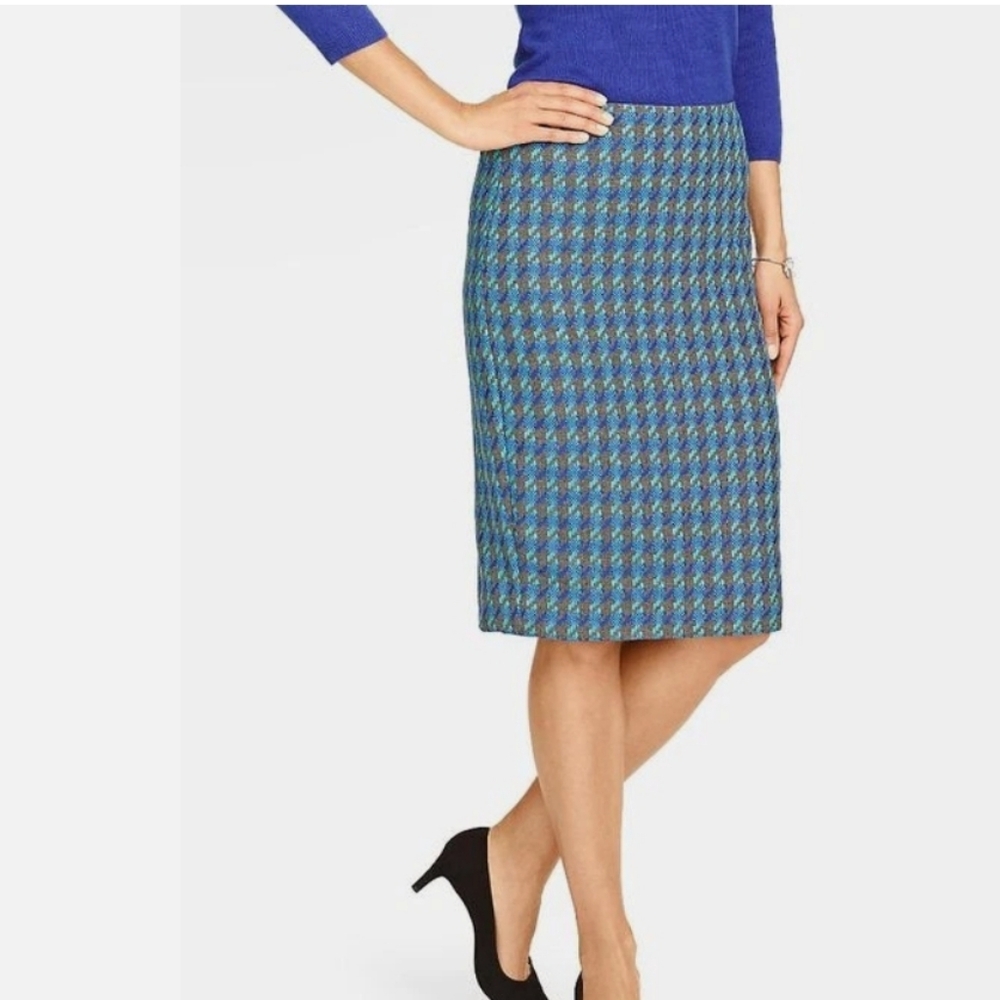 Talbots Vibrant Blue and Green Houndstooth Wool Blend Pencil Skirt Size 4P